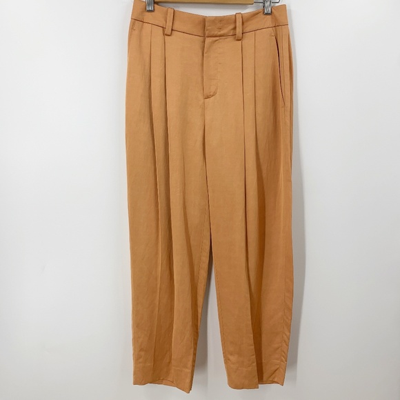 Vince Pants - Vince Pleated Linen-Blend Tapered Ankle Pants in Nectarine Sz 4
